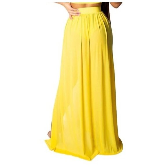Yellow Elastic Waist Split Maxi Skirt Swim Bottom Size XL - Picture 7 of 11